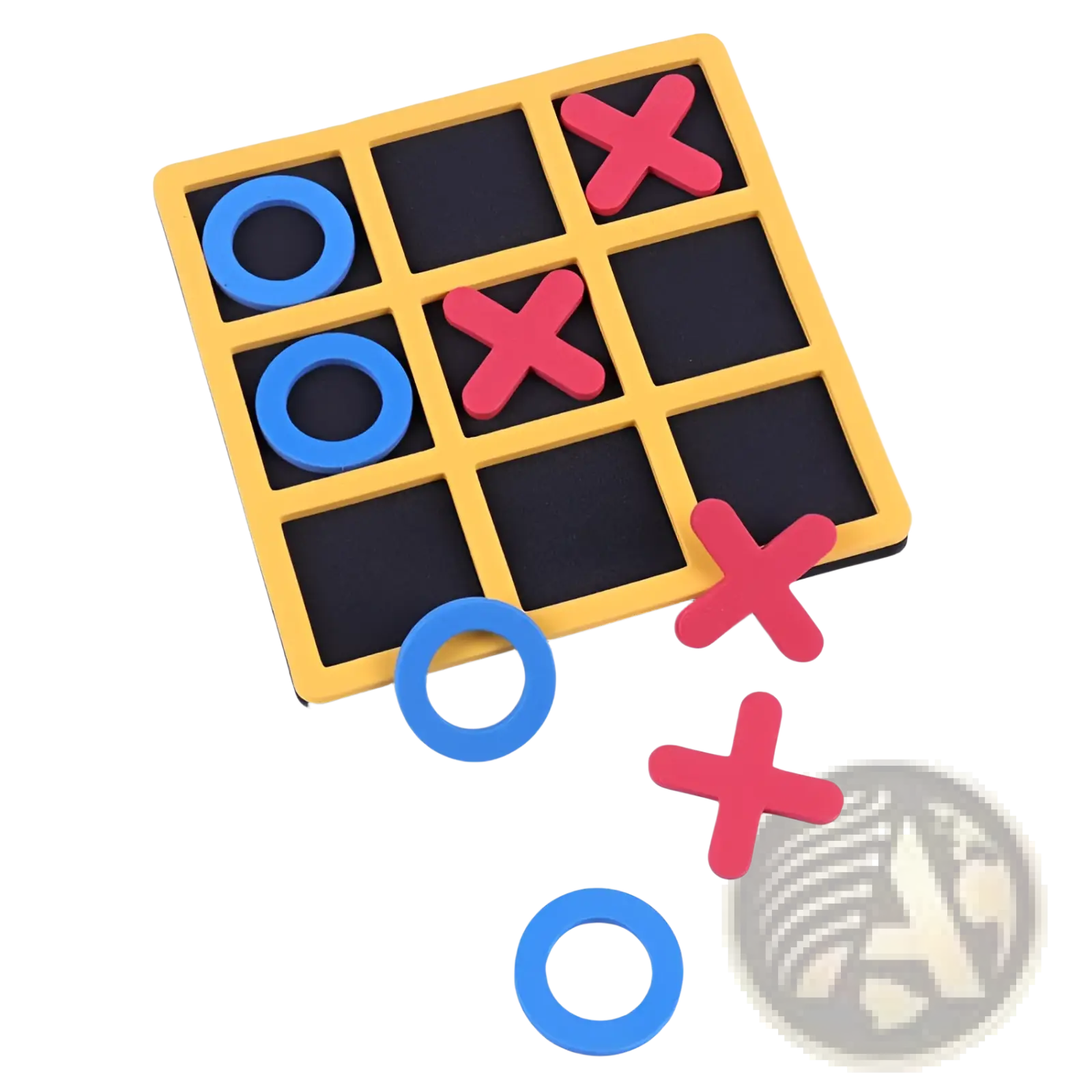 Yellow wooden tic-tac-toe board game for kids and adults with blue and red foam pieces for easy play