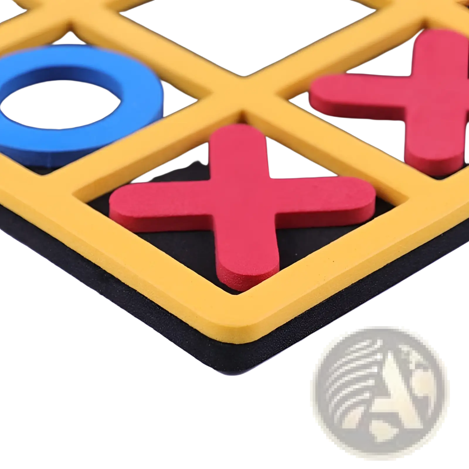 Tic-tac-toe wooden board game for kids and adults with yellow foam board and red blue circular and cross pieces