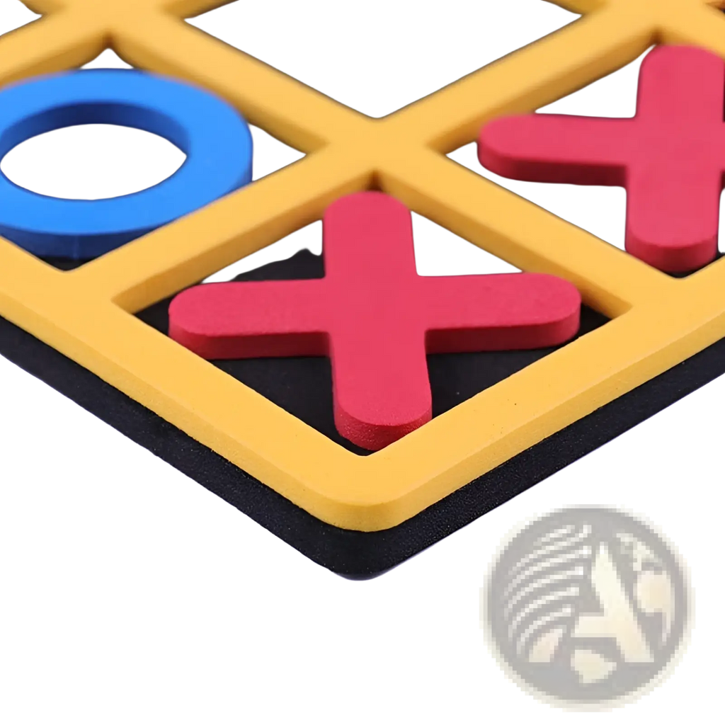 Tic-tac-toe wooden board game for kids and adults with yellow foam board and red and blue circular and cross pieces