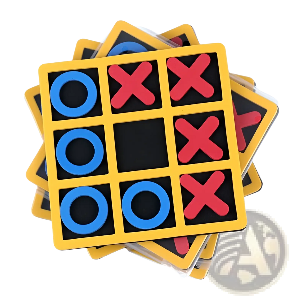 Tic-tac-toe wooden board game for kids and adults with yellow frame and blue and red circular and cross pieces on black grid