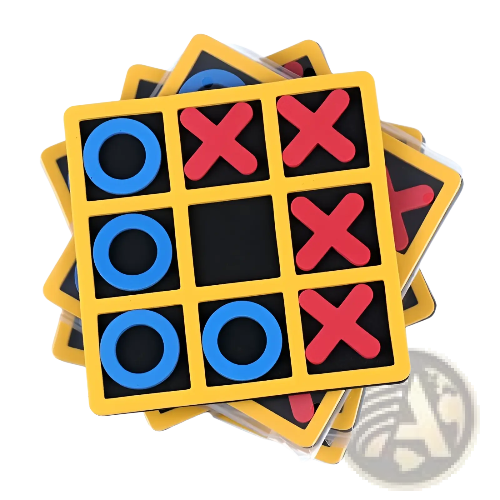 Tic-tac-toe wooden board game for kids and adults with yellow frame and blue and red circular and cross pieces on black grid