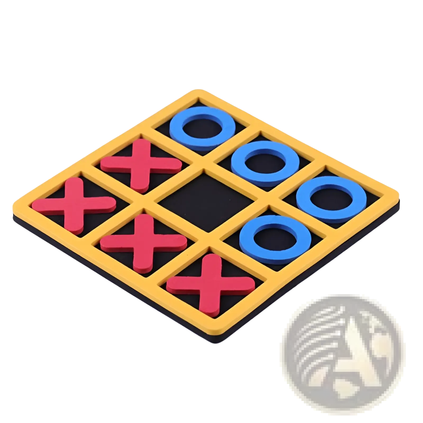 Tic-tac-toe wooden board game for kids and adults yellow wooden board with red x and blue o pieces