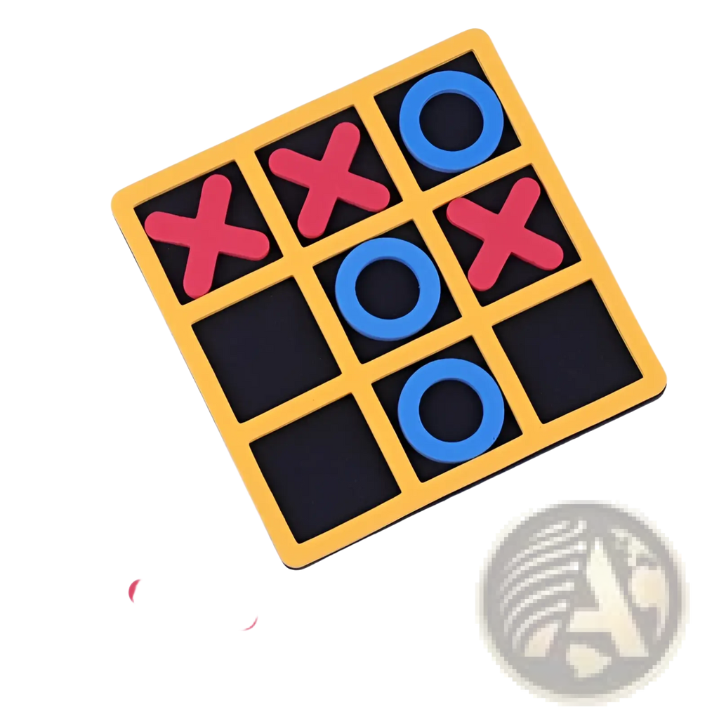 Yellow wooden tic-tac-toe board game for kids and adults with red and blue foam pieces for easy play