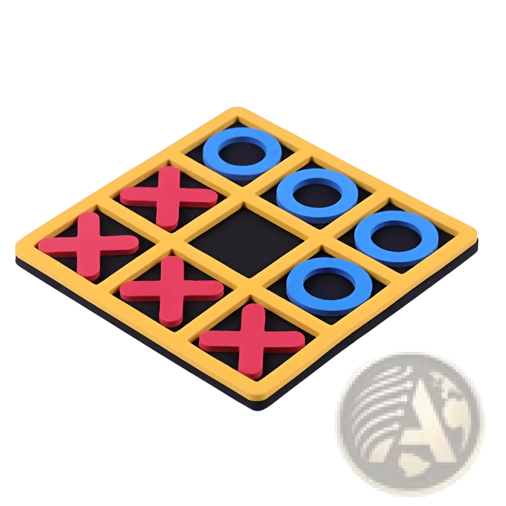 Tic-tac-toe wooden board game for kids and adults featuring a yellow board with red x and blue o pieces