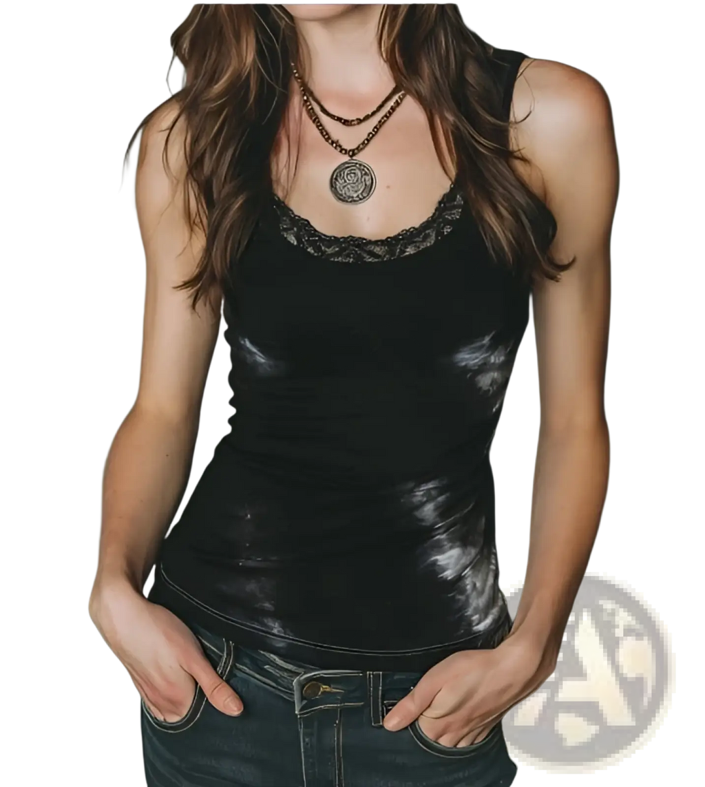 Black tie dye velvet tank top with lace trim featuring a stylish and elegant design for casual wear