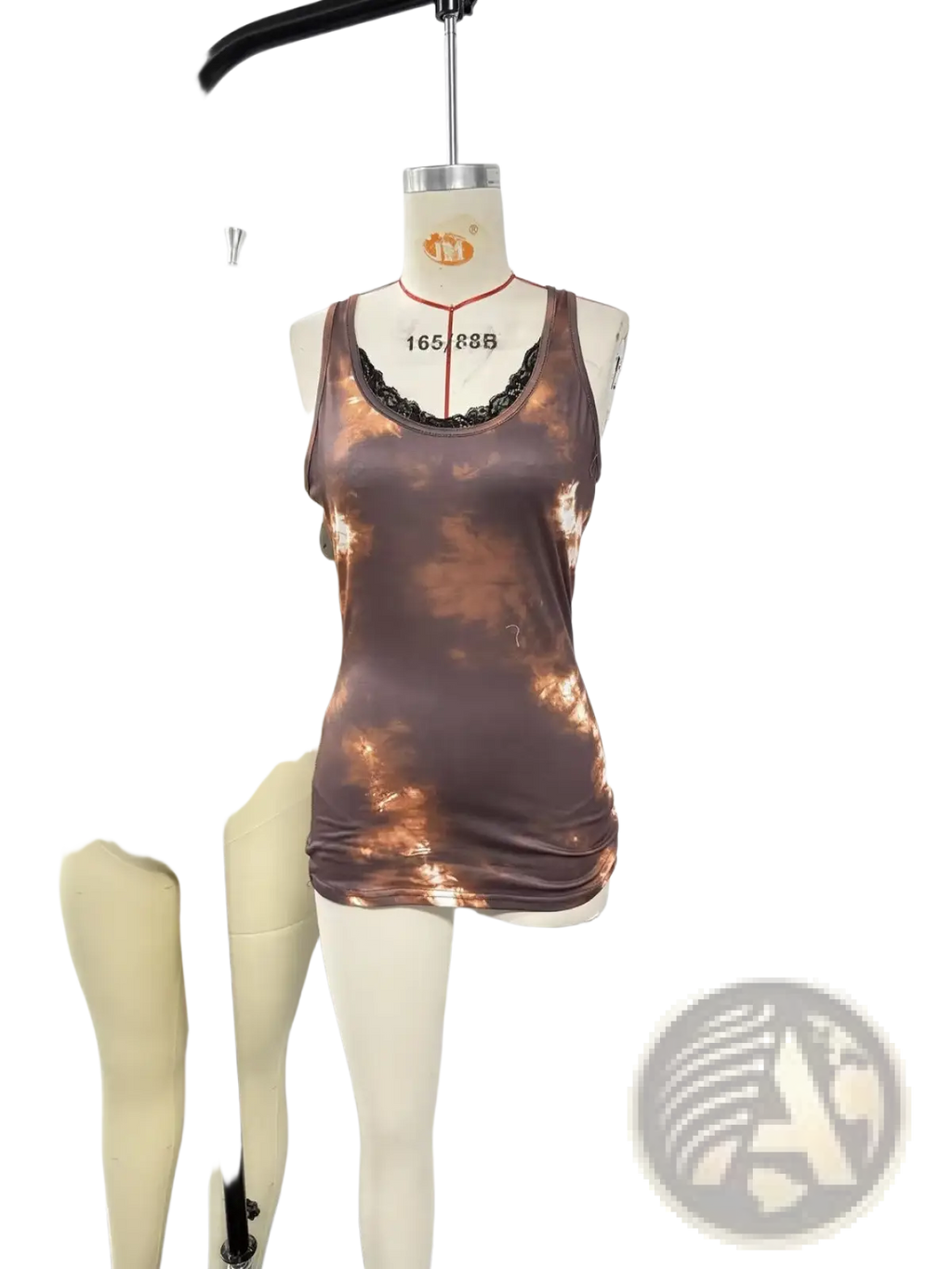 Brown and copper tie dye tank top with black lace trim around the neckline in a casual lace trim style