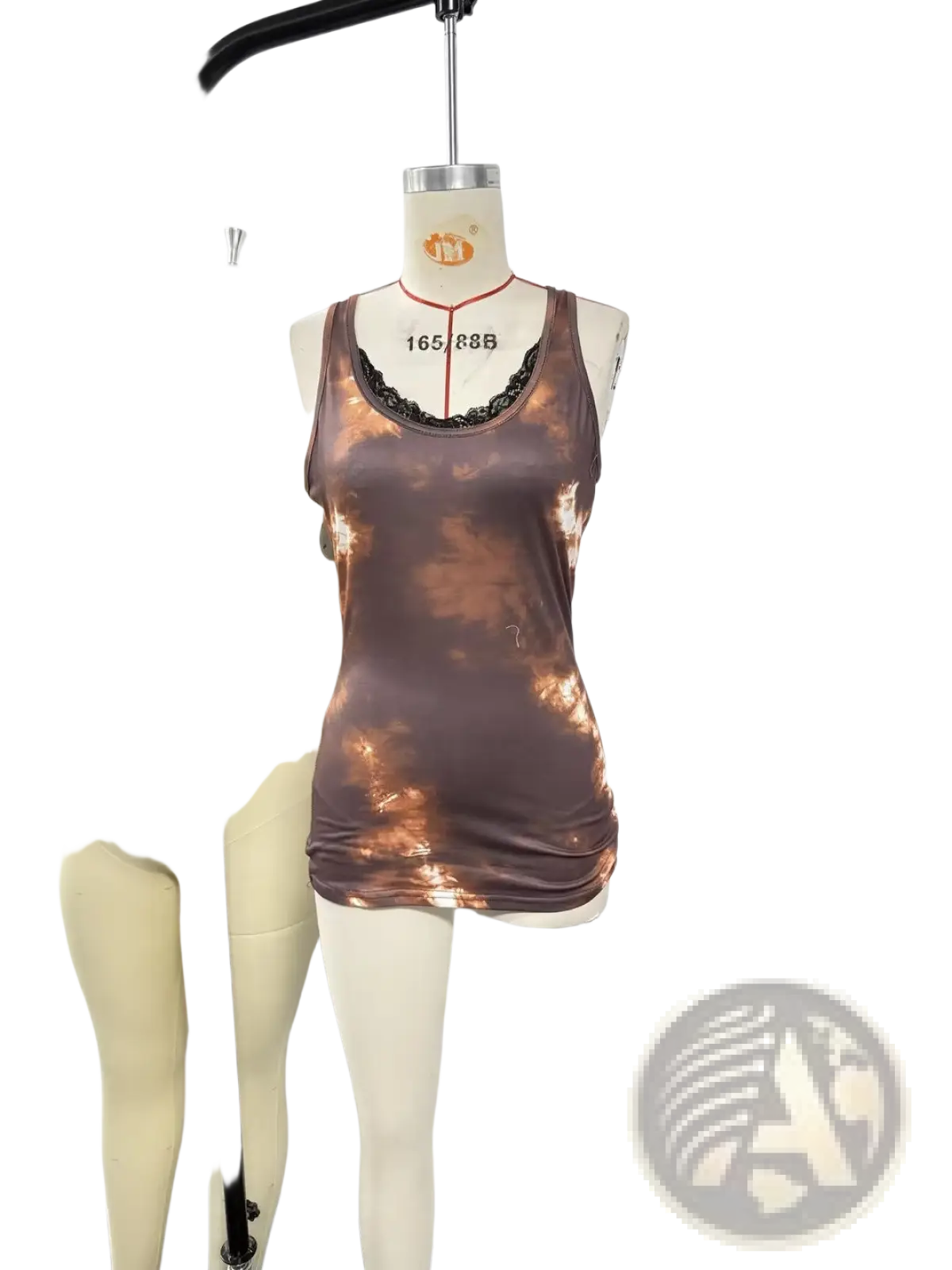 Brown and copper tie dye tank top with black lace trim around the neckline in a casual lace trim style