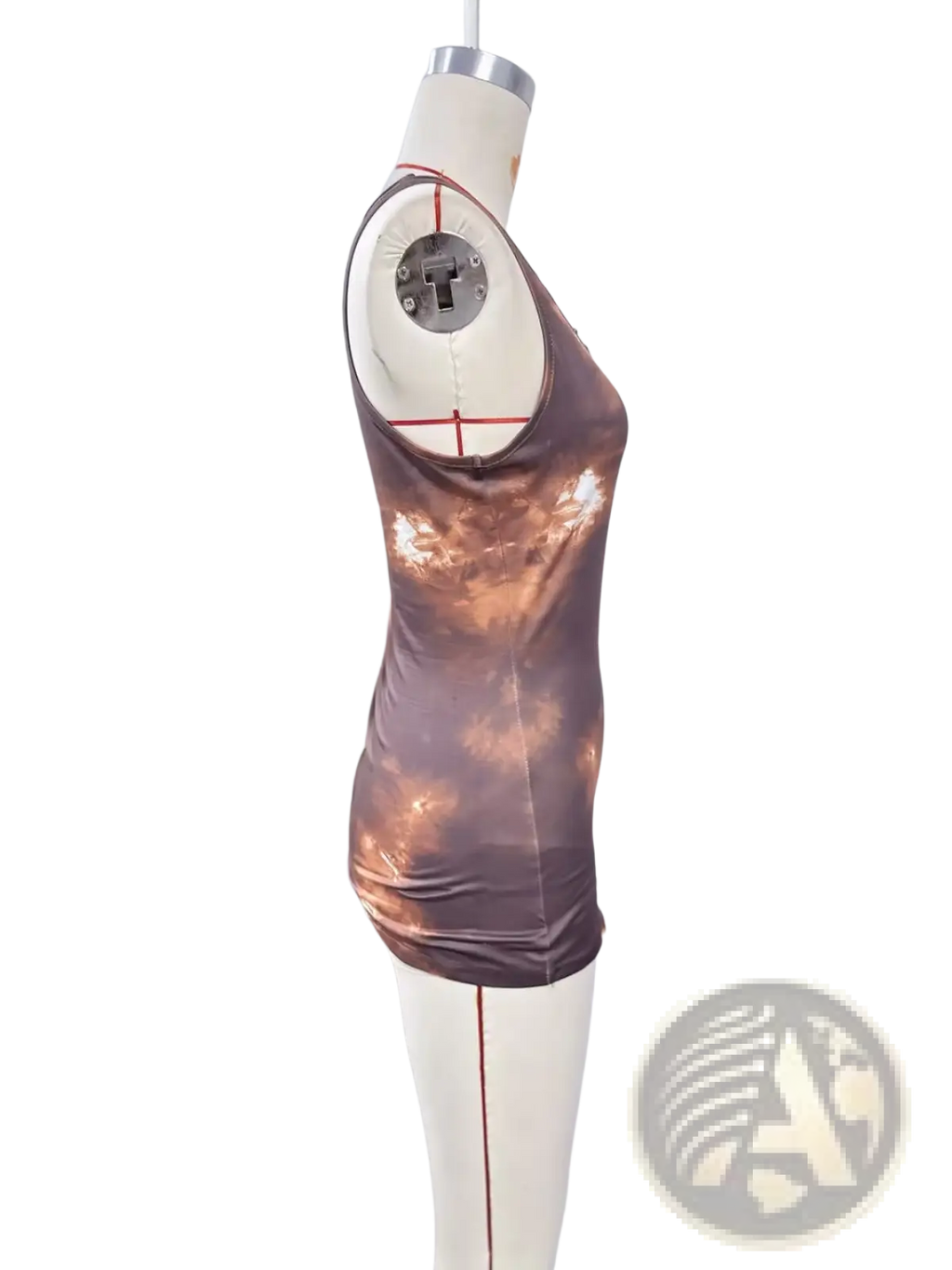 A shimmering copper and brown tie dye lace trim sleeveless tank top displayed on a mannequin