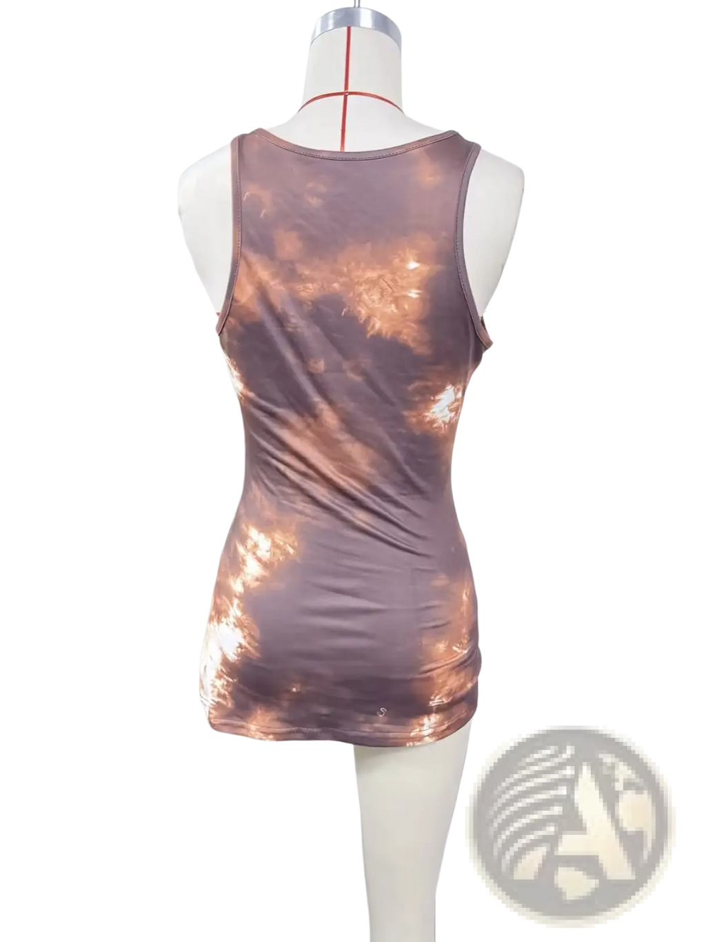 Tie dye lace trim tank top fitted sleeveless with muted rose gold and brown tie dye pattern in soft fabric