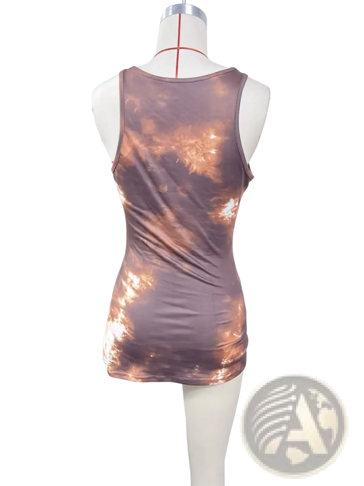 Tie dye lace trim tank top fitted sleeveless with muted rose gold and brown tie dye pattern in soft fabric