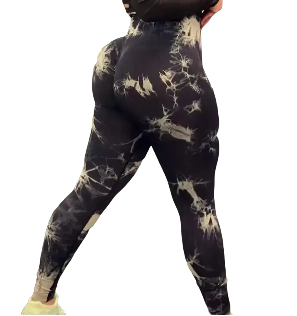 Black and white tie dye seamless scrunch gym leggings with a snug form fitting design for workout use