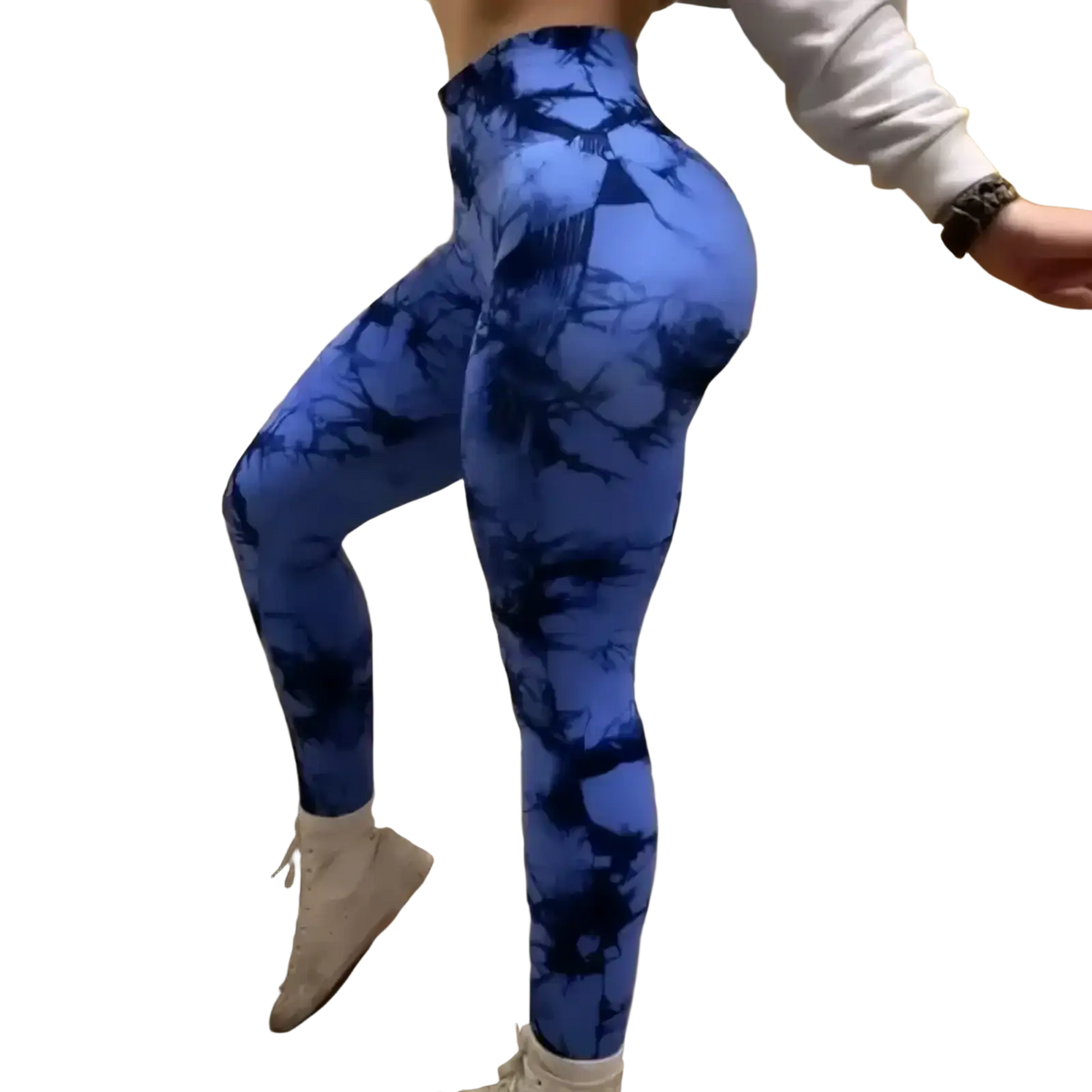 Blue tie dye high waisted scrunch gym leggings with a seamless snug form fitting design for gym workouts