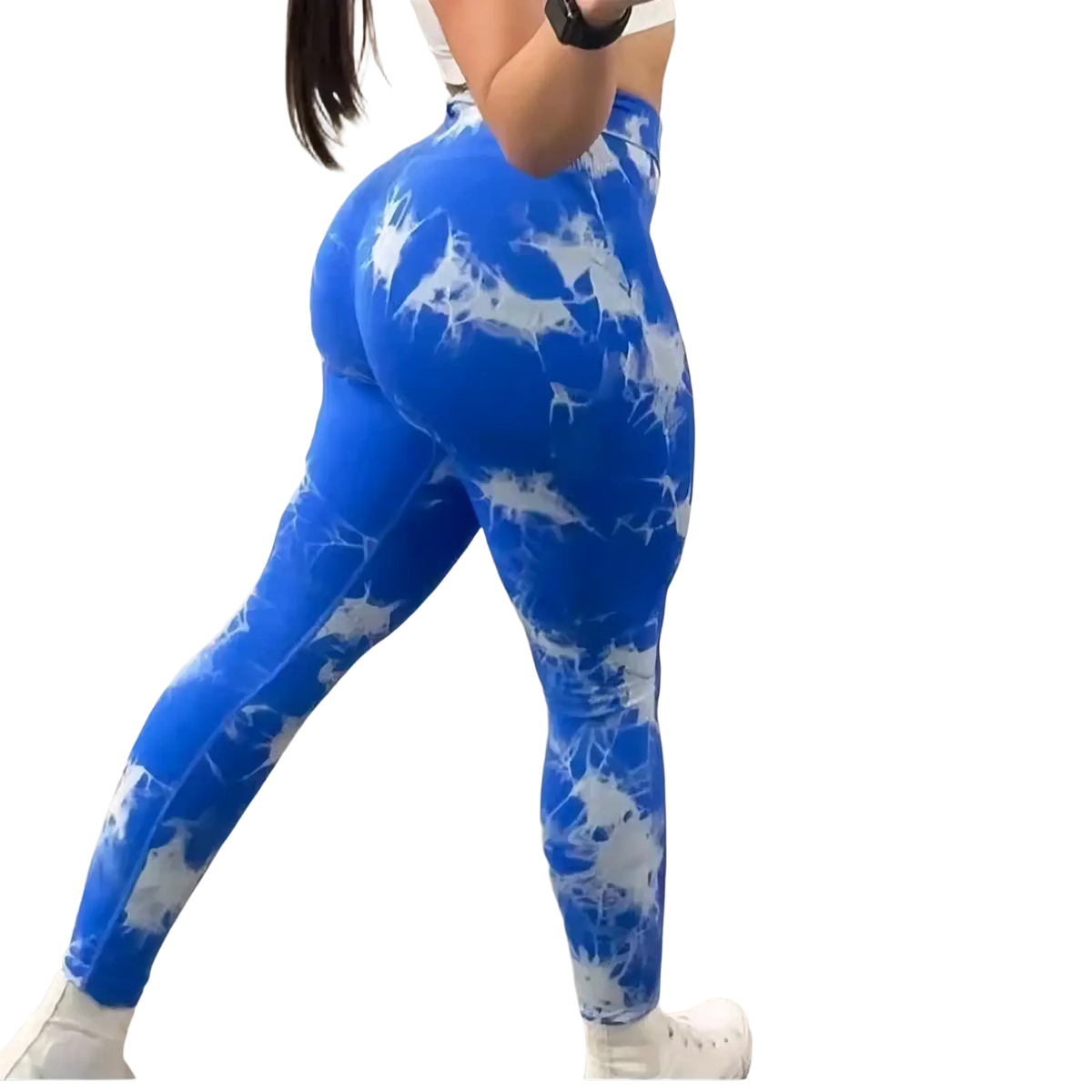 Blue and white tie dye seamless scrunch gym leggings with a snug, form fitting design for active wear