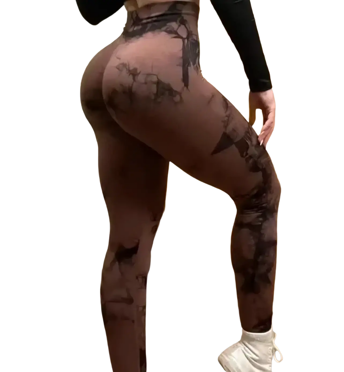 Brown tie dye seamless scrunch gym leggings with dark abstract leafy pattern perfect for workout sessions