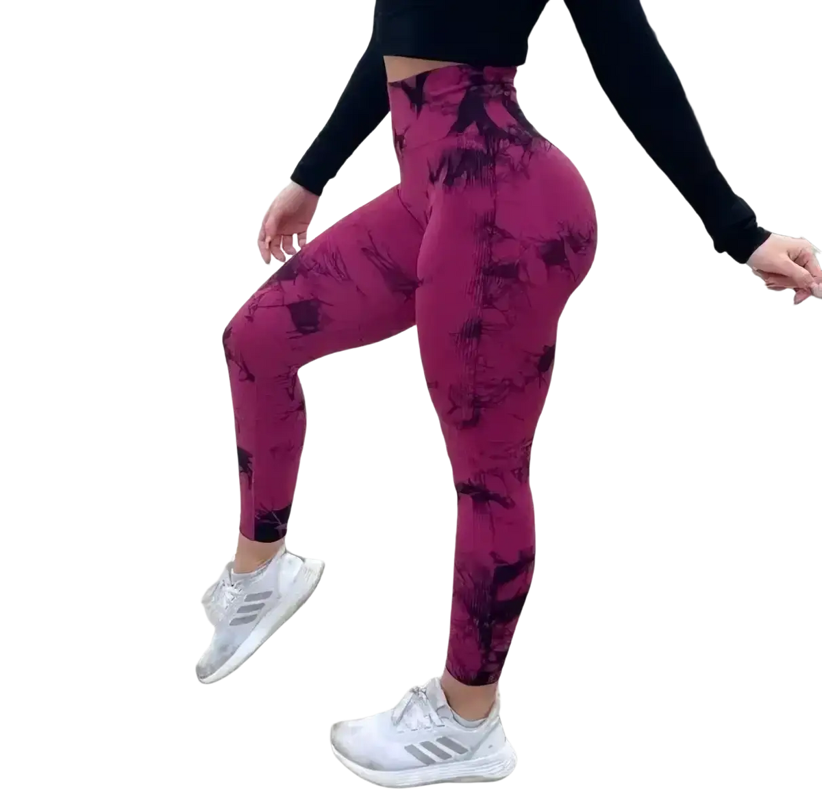 Fuchsia and black tie dye high waisted seamless scrunch gym leggings designed for gym leggings use