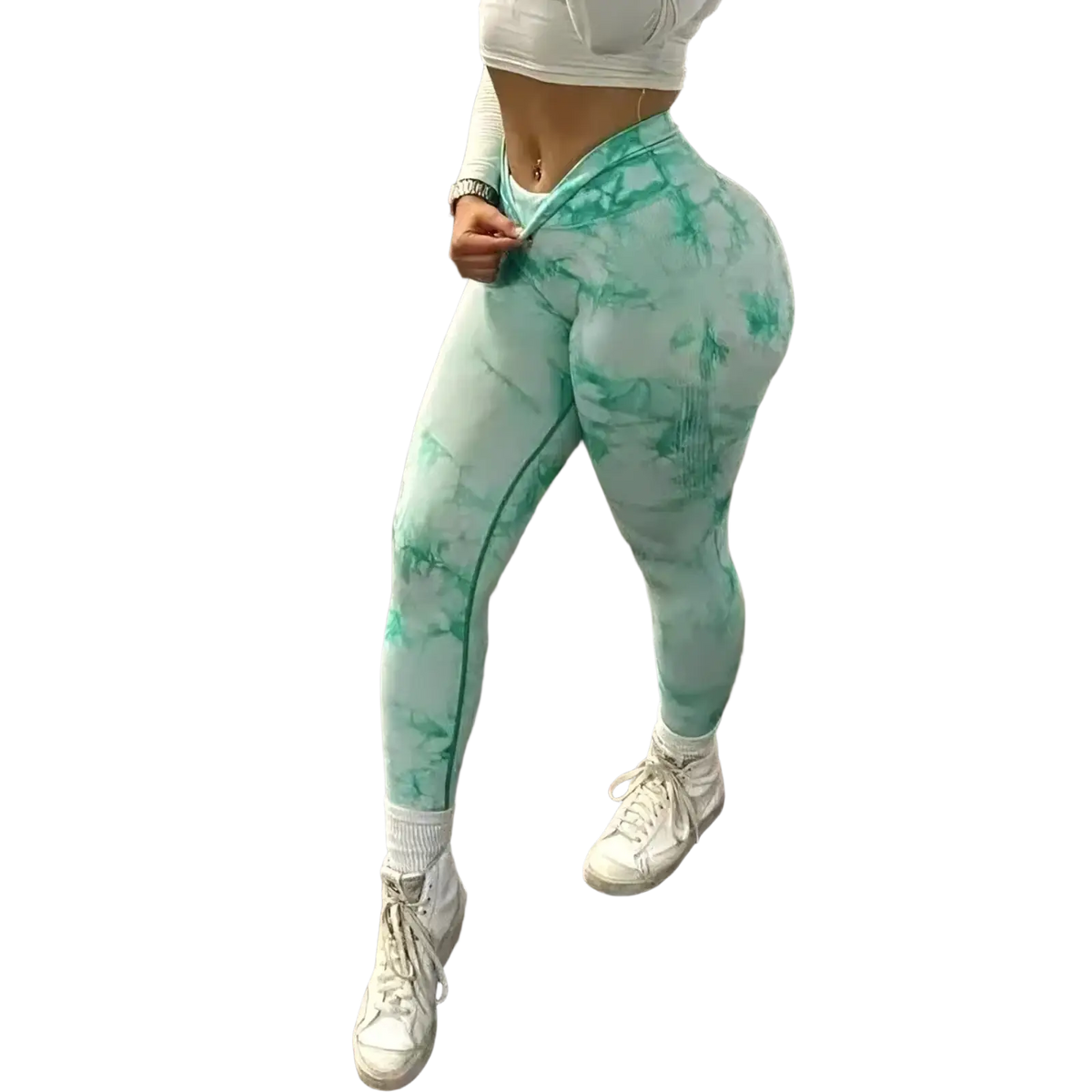 Mint green tie dye seamless scrunch gym leggings with high waist and snug form fitting design for activewear