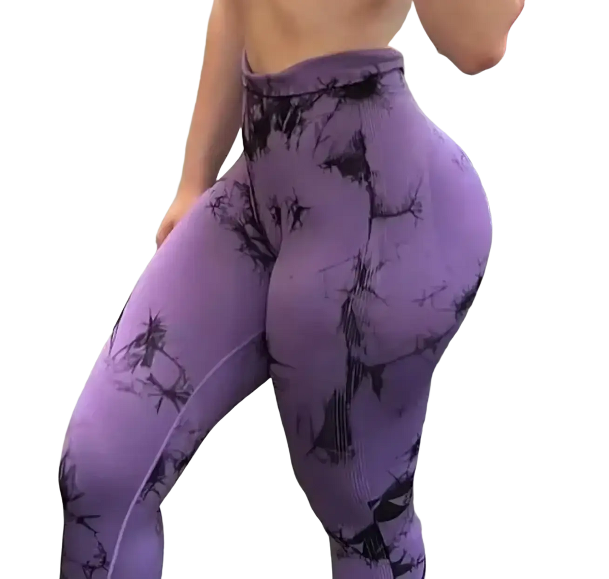 Purple tie dye seamless scrunch gym leggings with black leafy patterns designed for comfortable workout wear