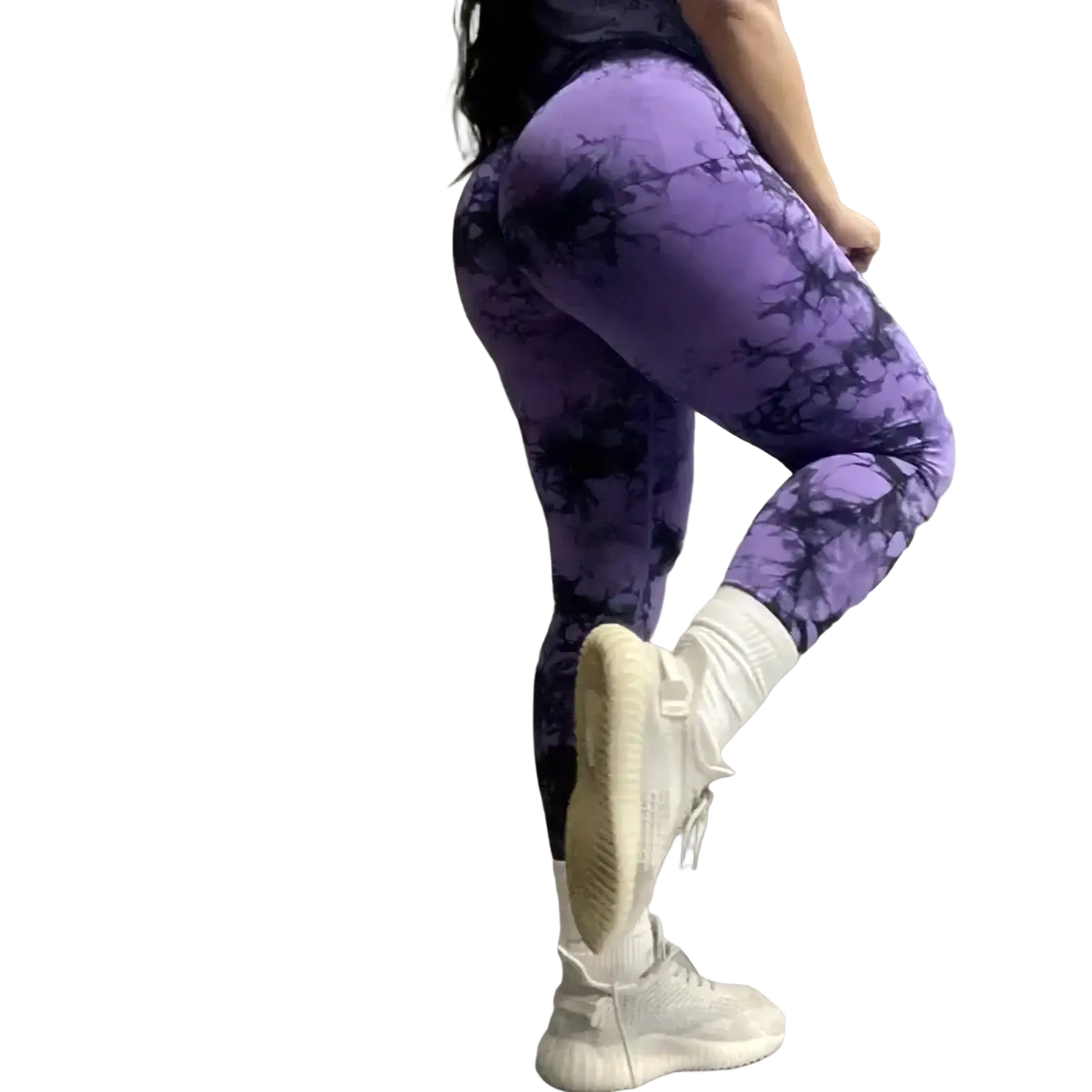 Purple tie dye seamless scrunch gym leggings featuring a sleek form-fitting design for activewear use