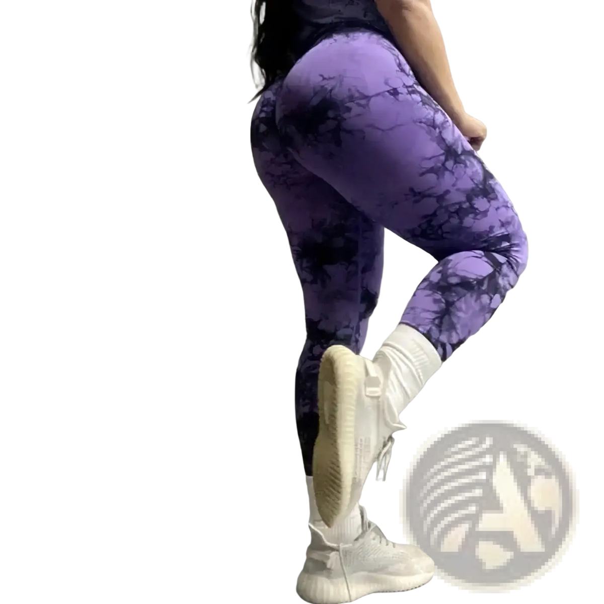 Purple tie dye seamless scrunch gym leggings featuring a sleek form-fitting design for activewear use
