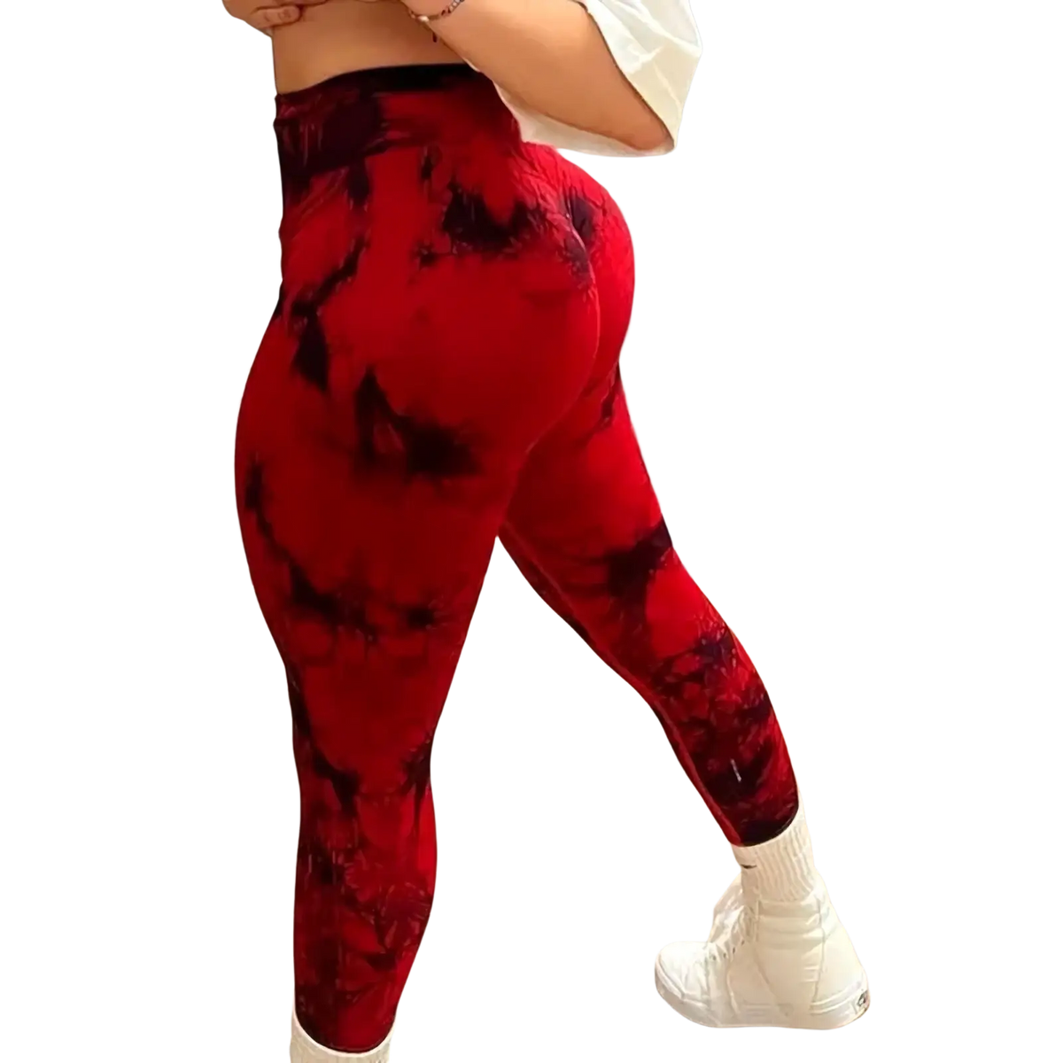 Red and black tie dye seamless scrunch high waisted gym leggings designed for comfort and performance