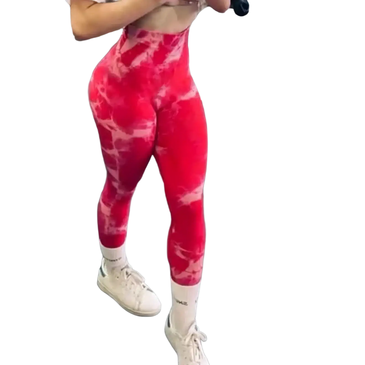 Red and white tie dye seamless scrunch gym leggings with high waist designed for comfortable gym workouts