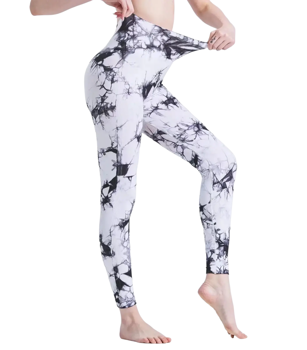 White and black tie dye seamless scrunch high waisted gym leggings made from stretchy fabric for workout use