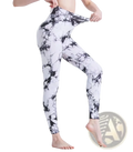 White and black tie dye seamless scrunch high waisted gym leggings made from stretchy fabric for workout use