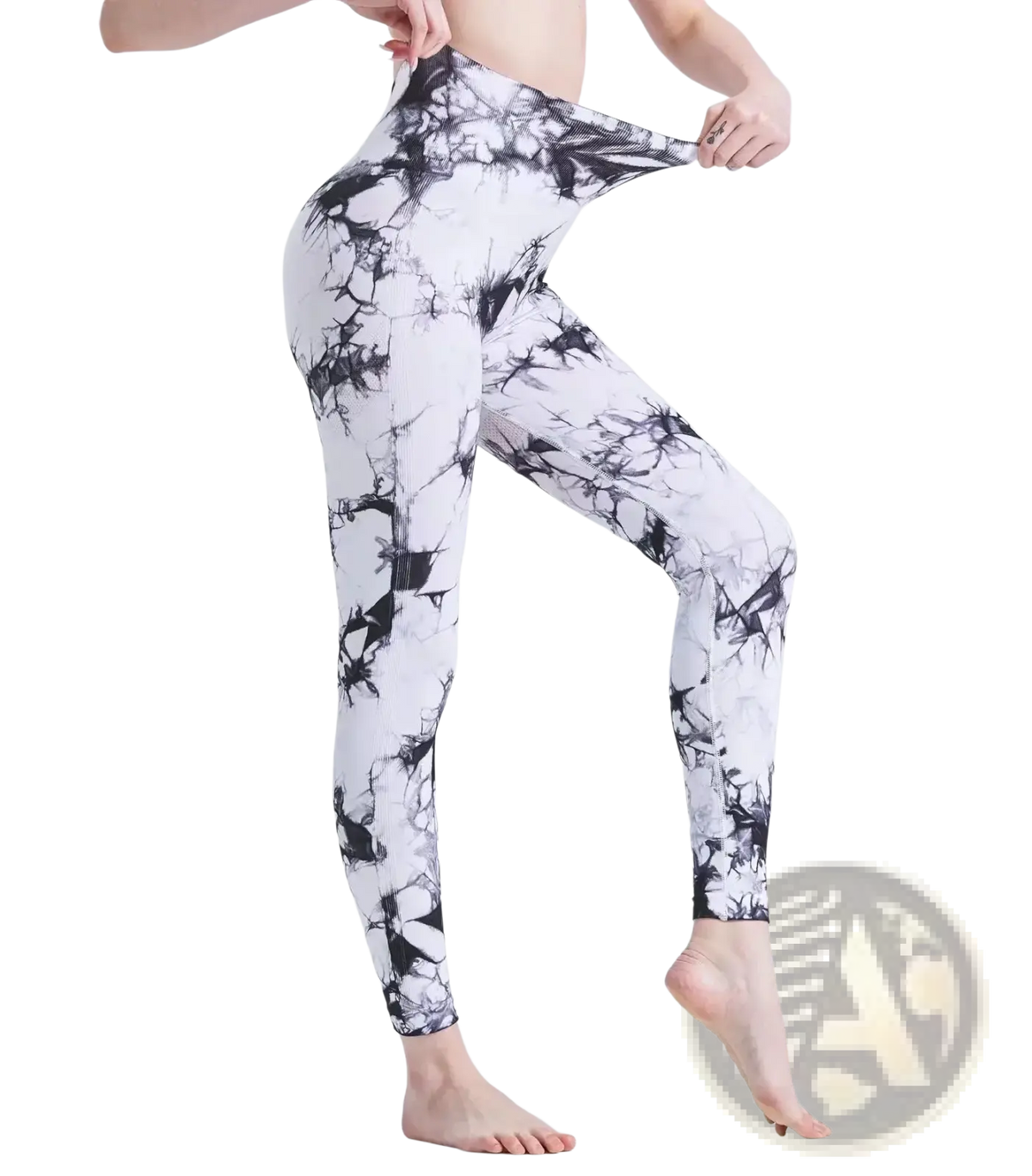 White and black tie dye seamless scrunch high waisted gym leggings made from stretchy fabric for workout use