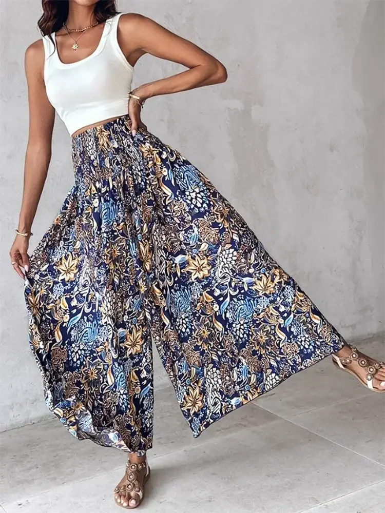 Blue and gold floral print wide leg pants made of soft fabric featured in tie dye wide leg pants collection