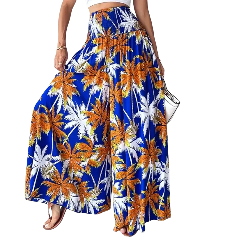 Blue orange and white palm tree printed tie dye wide leg pants in a flowy wide leg maxi skirt style