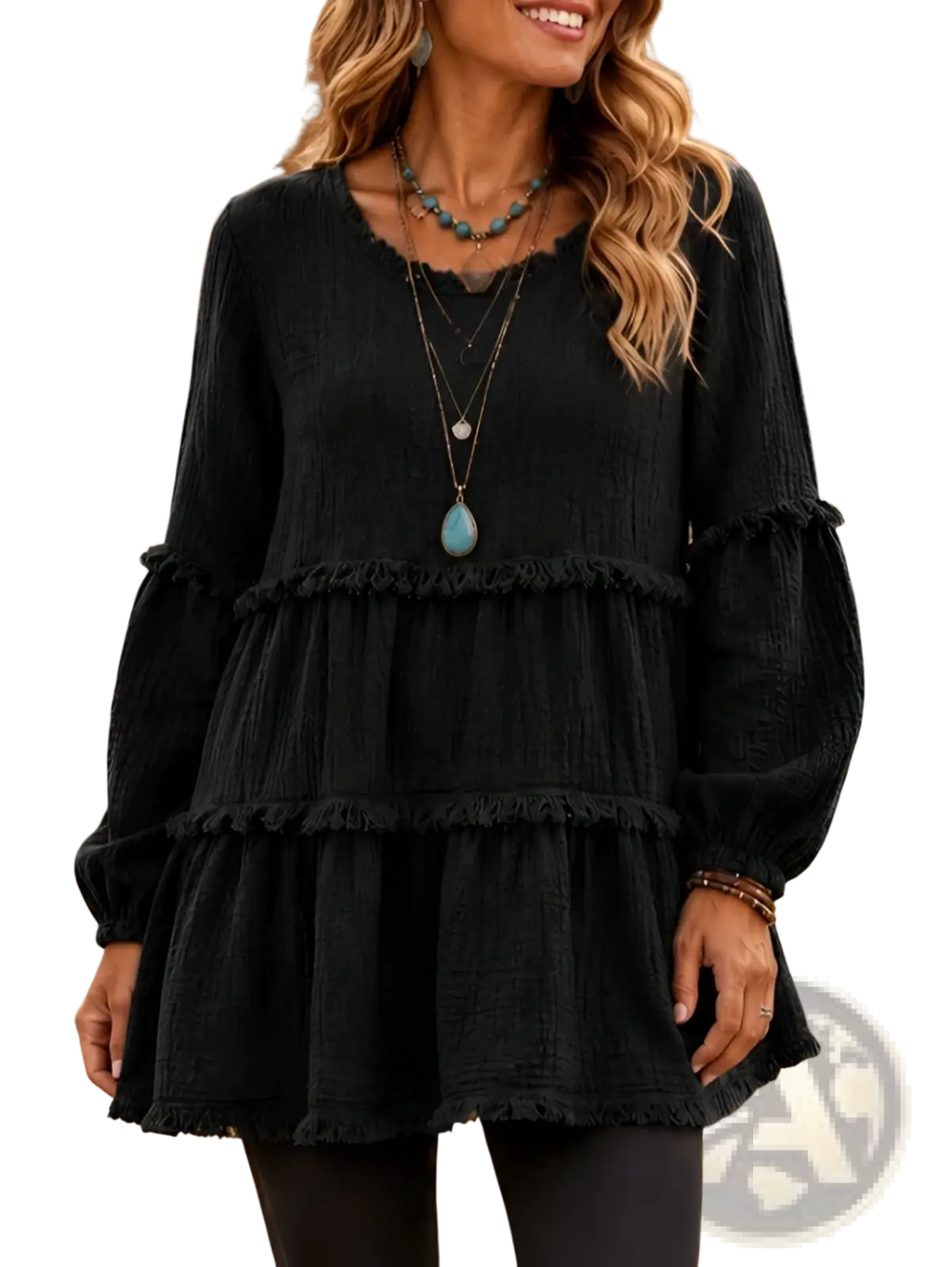 Black textured tiered long sleeve casual top for women with ruffled hem and cuffs in lightweight fabric