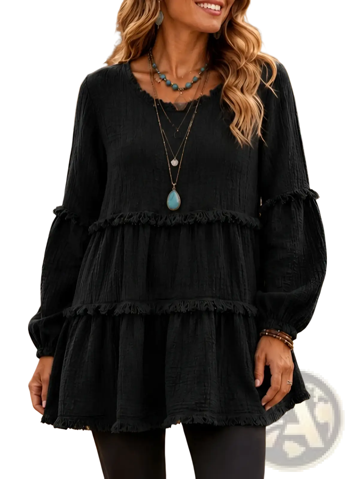 Black textured tiered long sleeve casual top for women with ruffled hem and cuffs in lightweight fabric