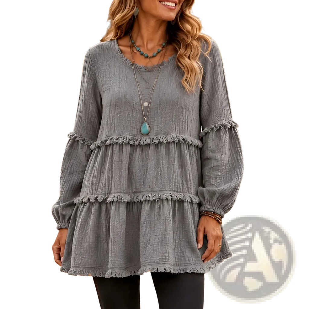 Gray textured tiered long sleeve casual top for women with frayed edges and soft fabric design