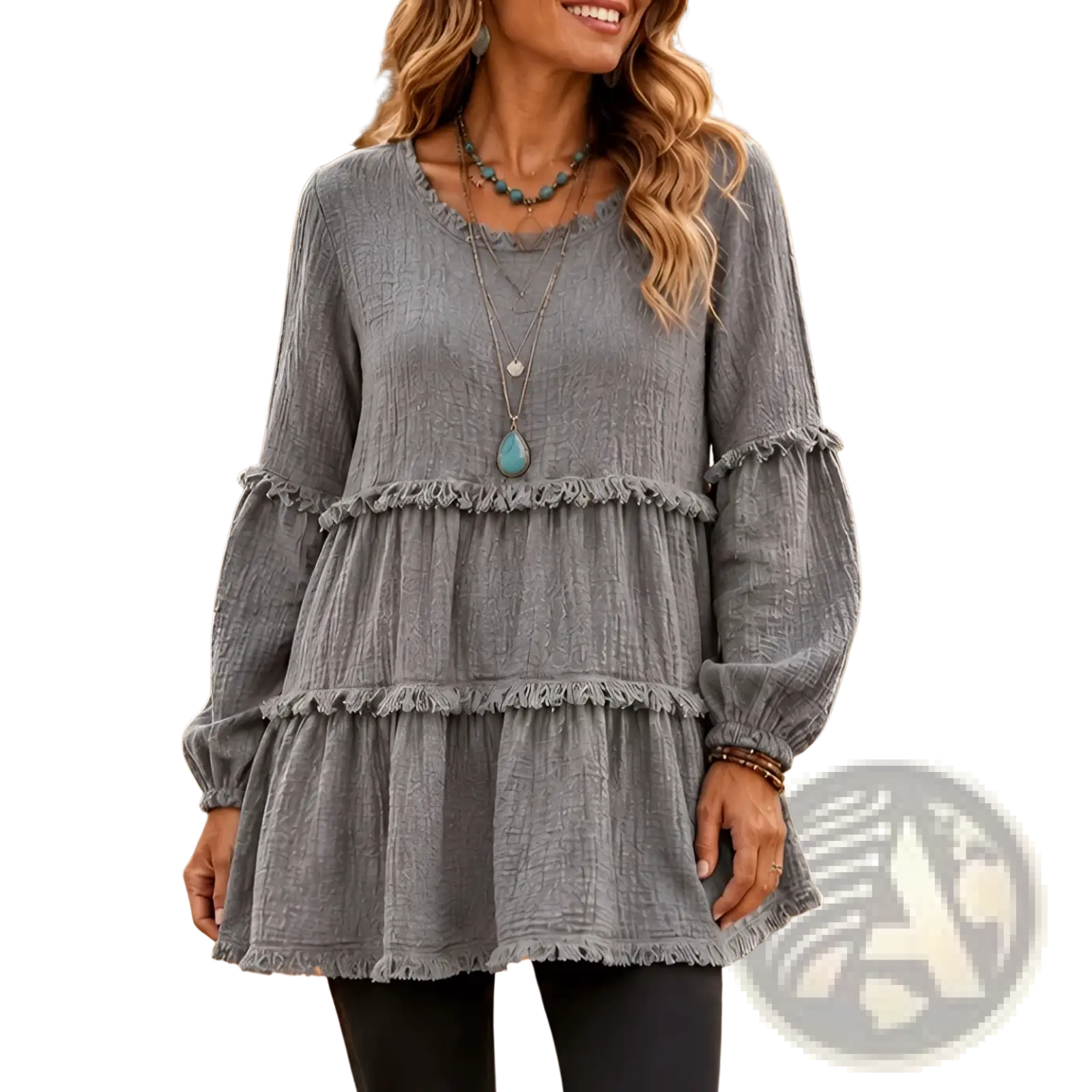 Gray textured tiered long sleeve casual top for women with frayed edges and soft fabric design