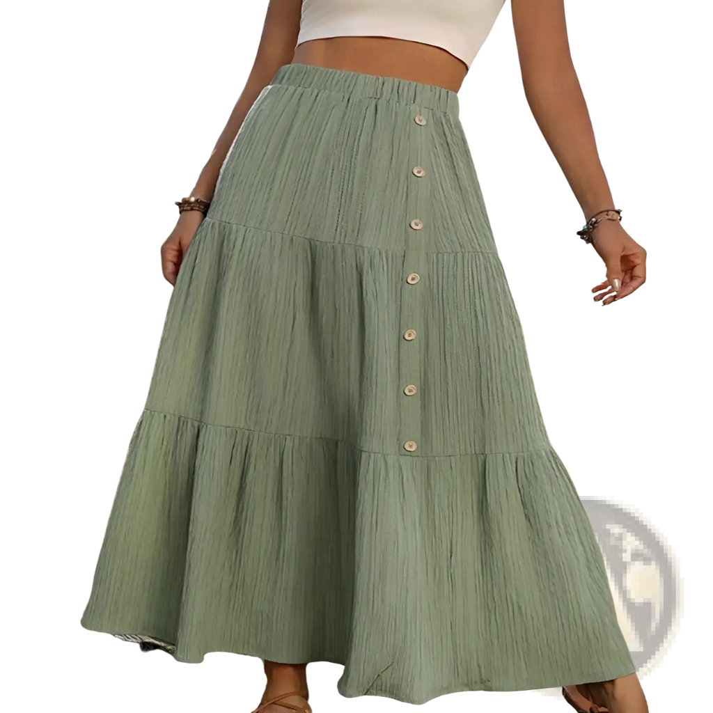 A flowing sage green tiered maxi skirt with a gathered waist and button closures lightweight casual design