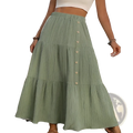 A flowing sage green tiered maxi skirt with a gathered waist and button closures lightweight casual design
