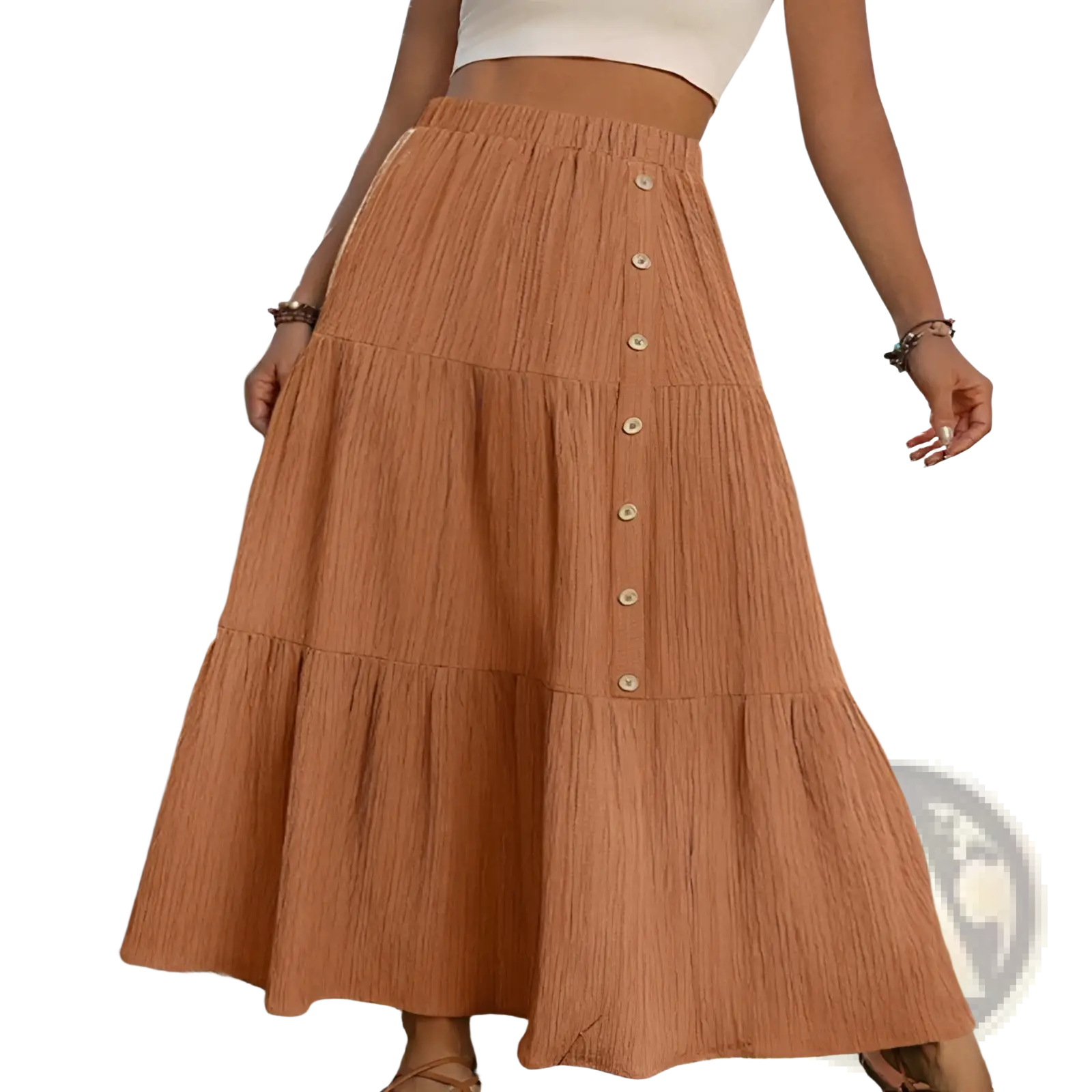 A tiered rust-colored pleated maxi skirt with button-front design made of lightweight fabric for casual wear
