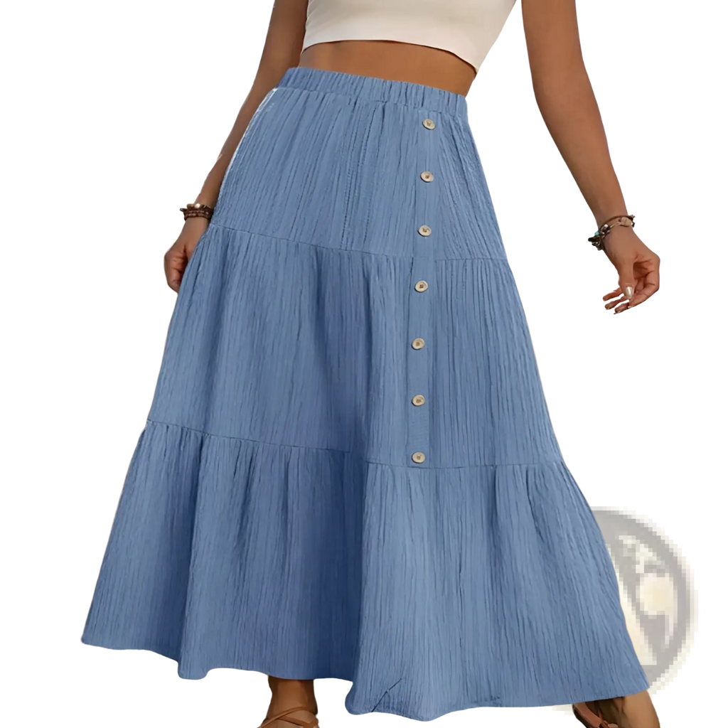 Light blue tiered maxi skirt with gathered waist and wooden buttons down the front lightweight casual design