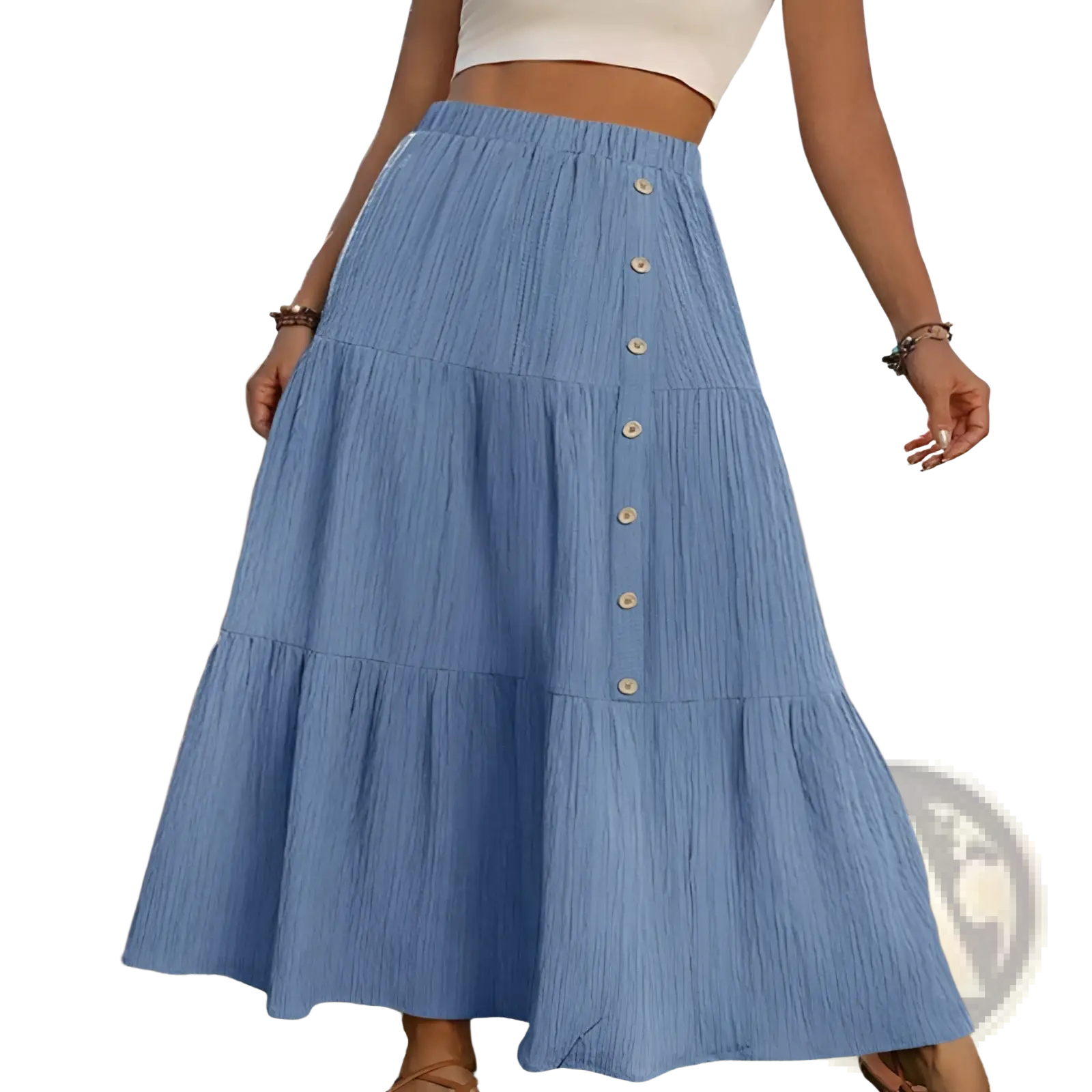 Light blue tiered maxi skirt with gathered waist and wooden buttons down the front lightweight casual design