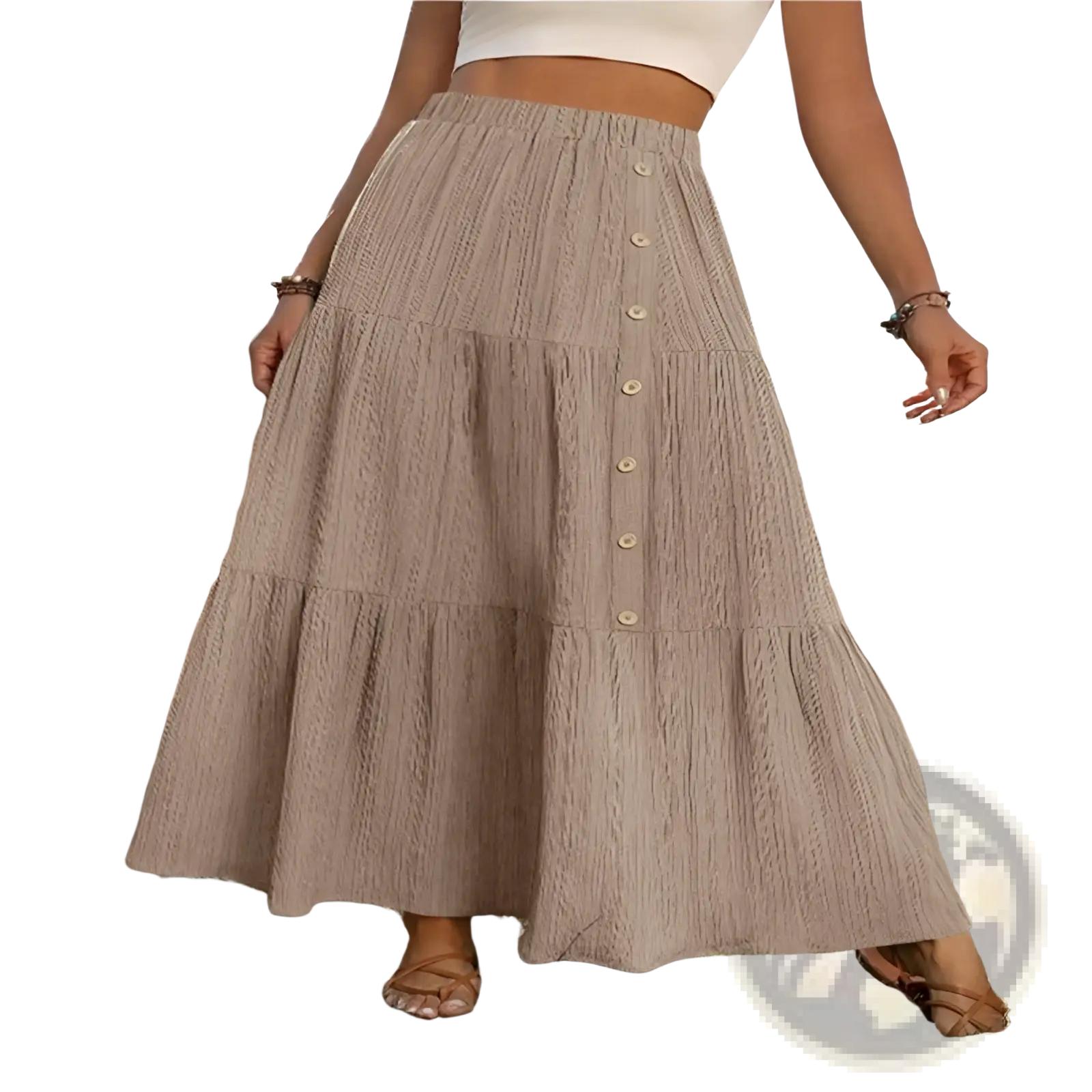 Beige tiered maxi skirt with button front closure made of lightweight textured fabric for casual wear