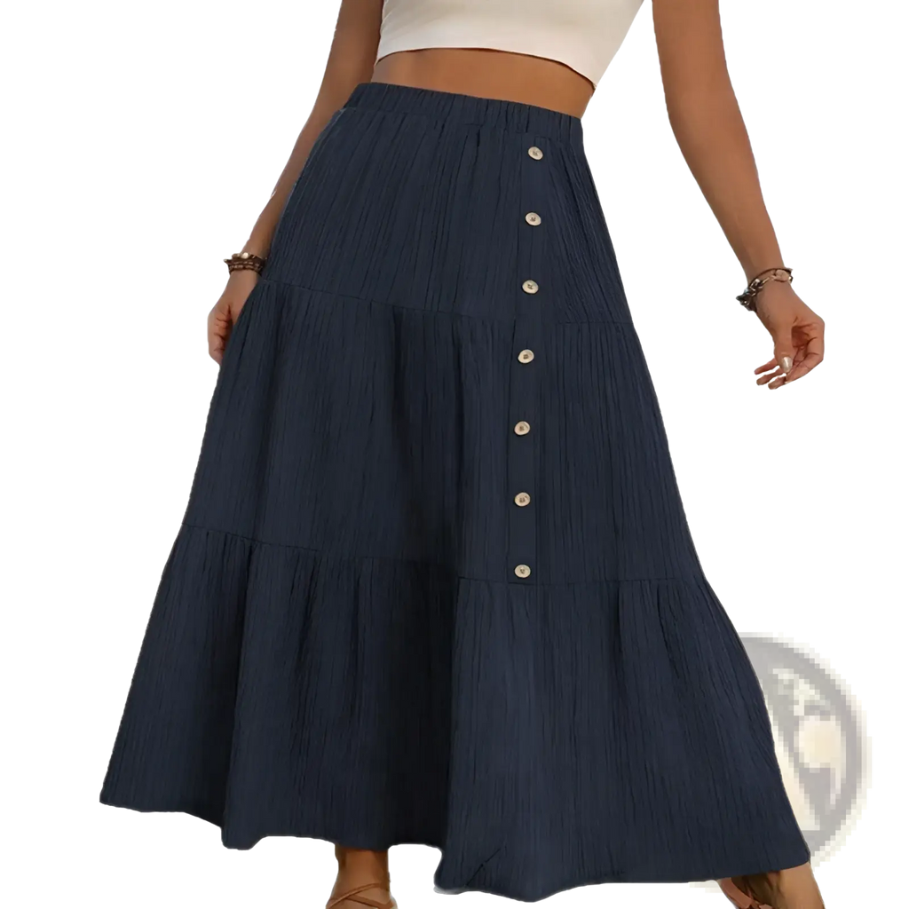 A navy blue tiered maxi skirt with button front, gathered waist, lightweight casual design