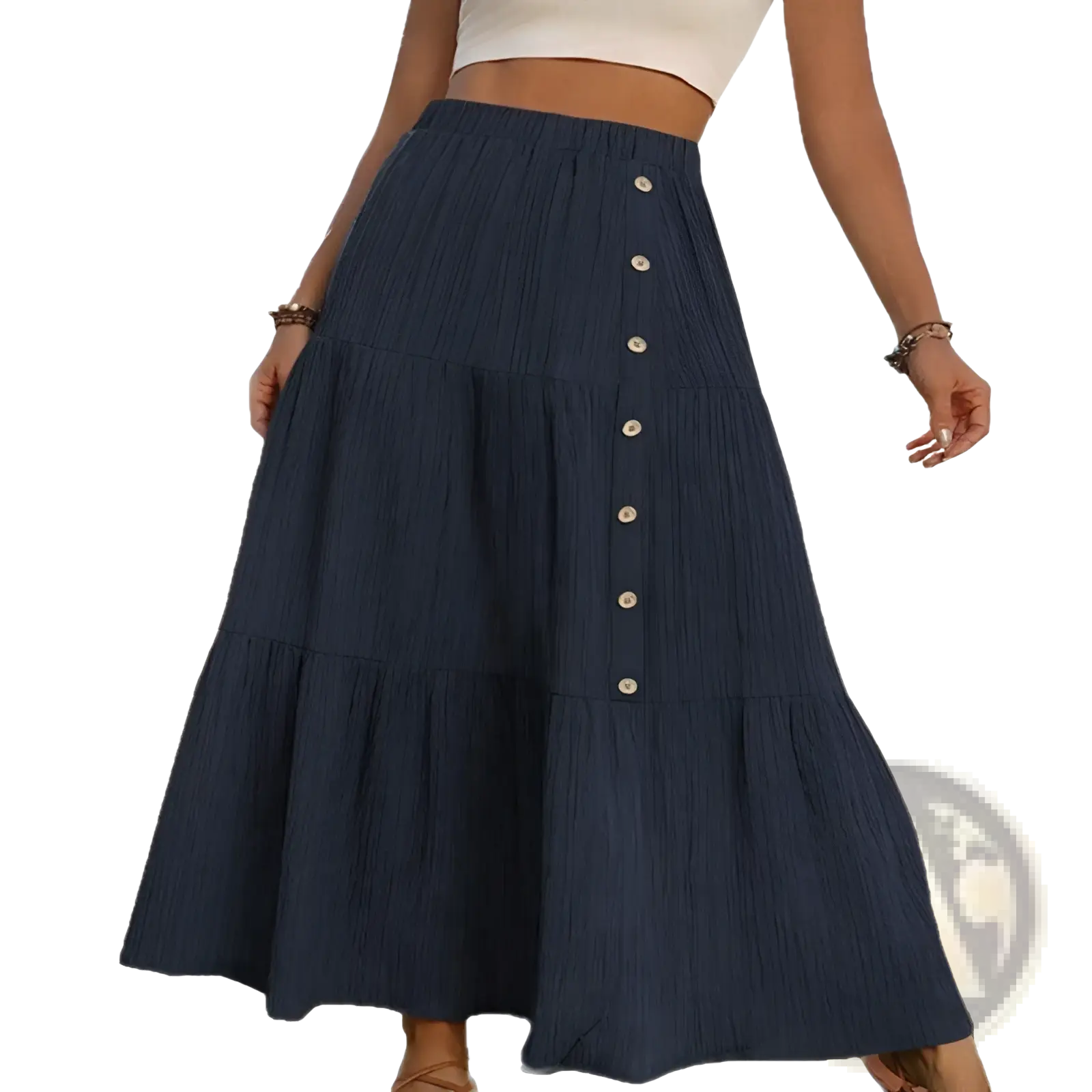 A navy blue tiered maxi skirt with button front, gathered waist, lightweight casual design