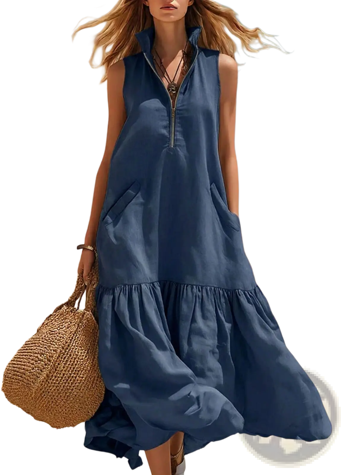 A flowing navy blue sleeveless maxi dress with a zipper neckline and tiered ruffle hem for elegant occasions