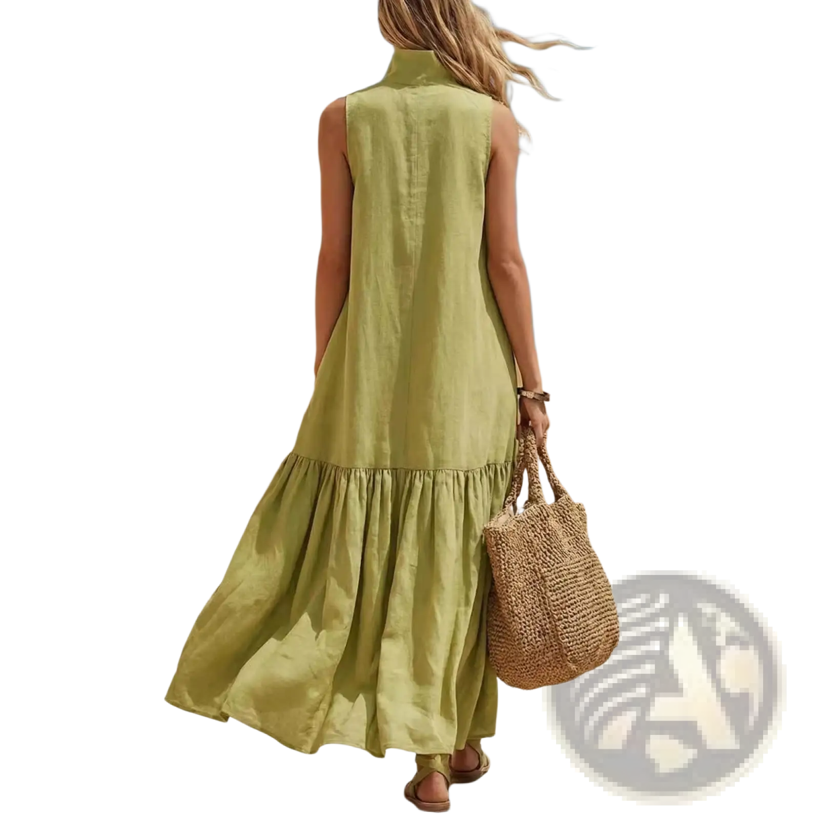 A flowing olive-green sleeveless linen maxi dress with tiered hem and zipper neckline