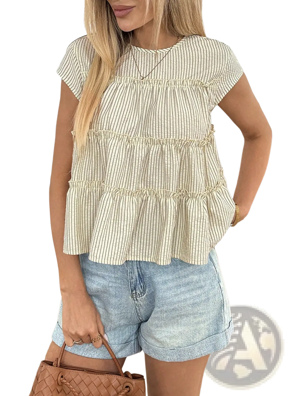 Tiered striped ruffle hem blouse in beige features light beige and green vertical stripes with short sleeves and ruffled layers