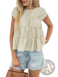 Tiered striped ruffle hem blouse in beige features light beige and green vertical stripes with short sleeves and ruffled layers