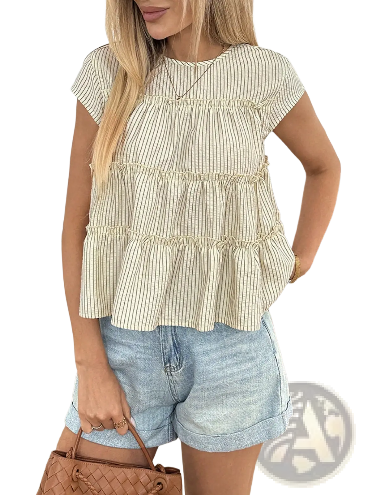 Tiered striped ruffle hem blouse in beige features light beige and green vertical stripes with short sleeves and ruffled layers