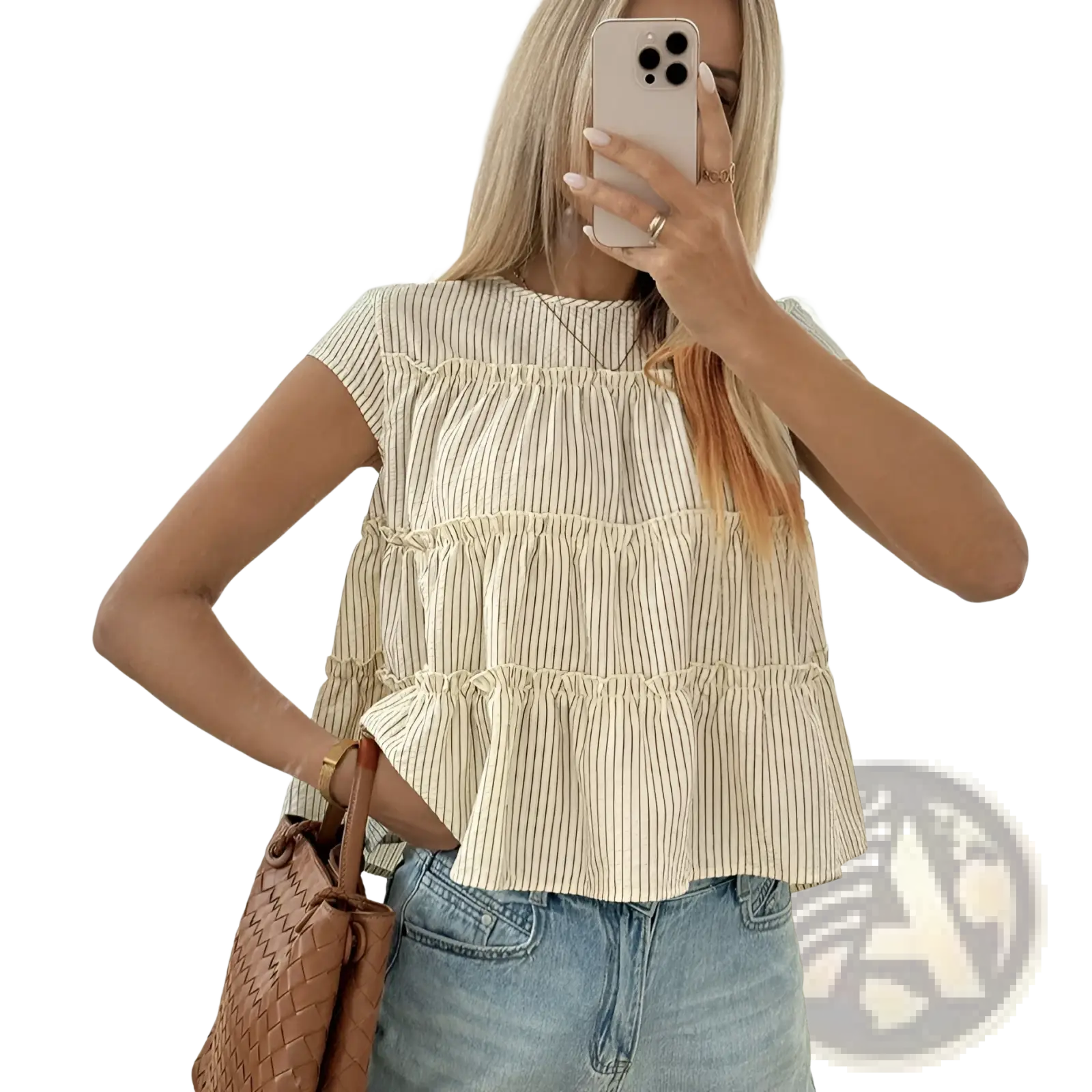 Beige and black vertically striped sleeveless tiered blouse with ruffled hem suitable for casual wear