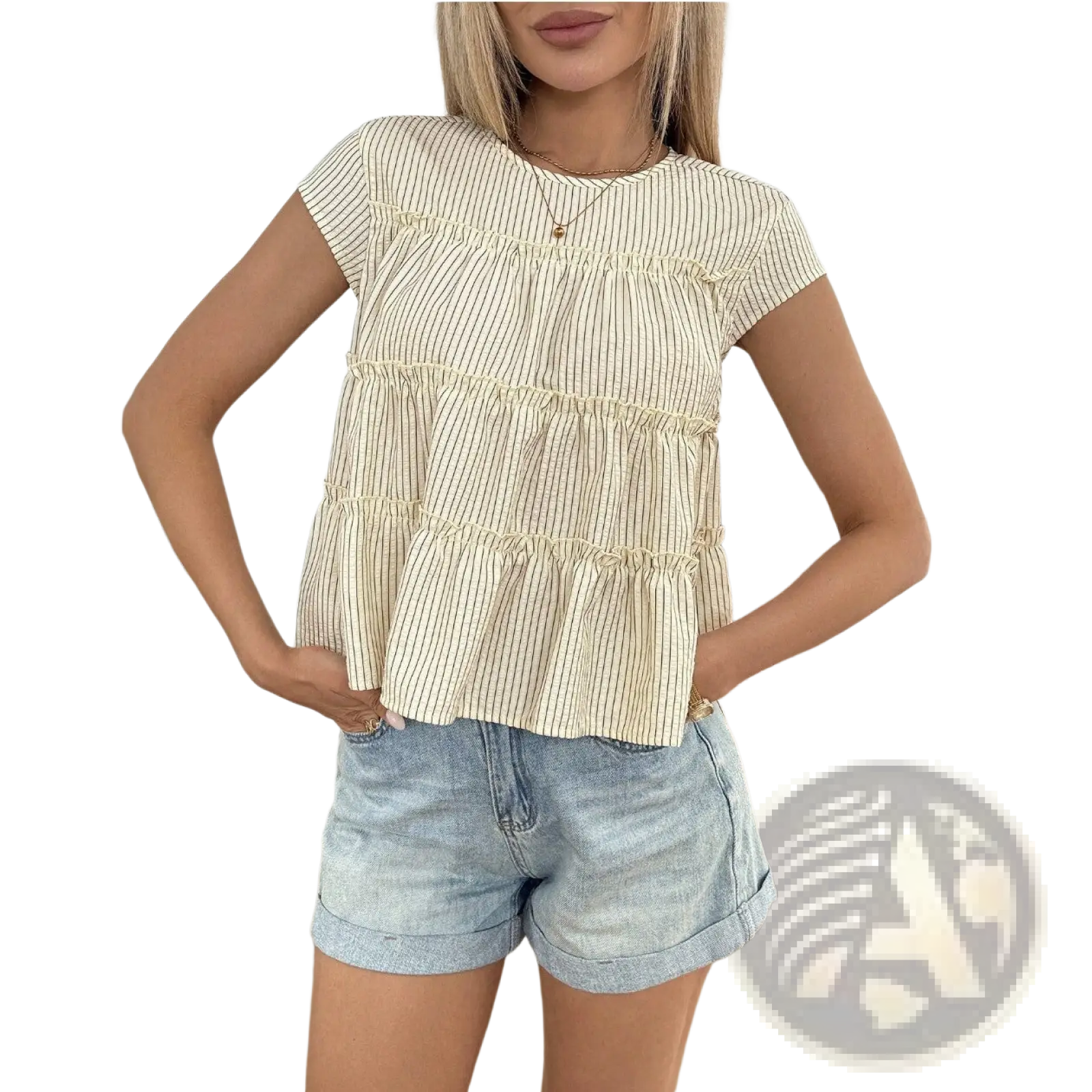 Cream-colored tiered striped ruffle hem blouse with thin black vertical stripes in lightweight fabric