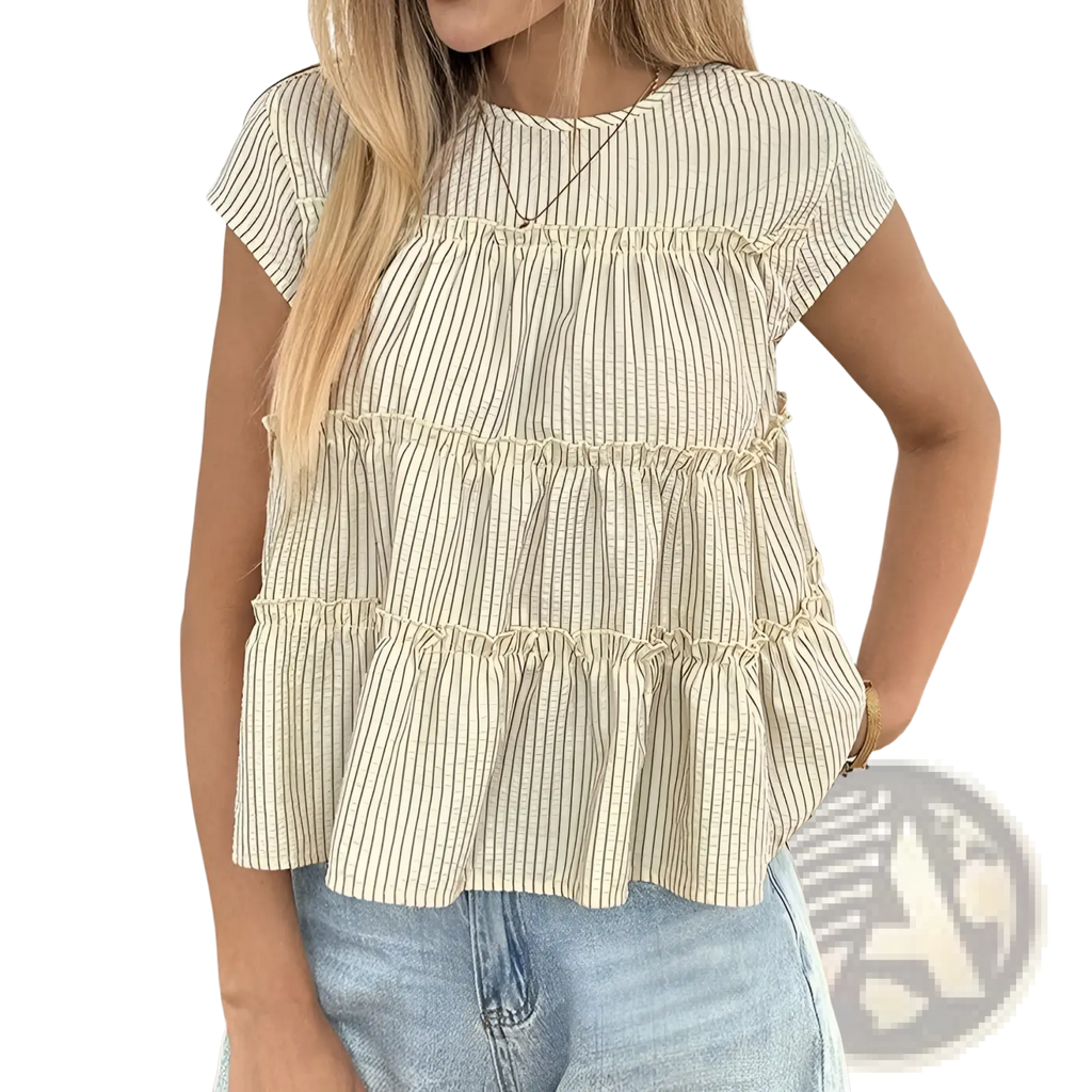 A cream-colored tiered striped ruffle hem blouse with thin vertical stripes and lightweight fabric in beige